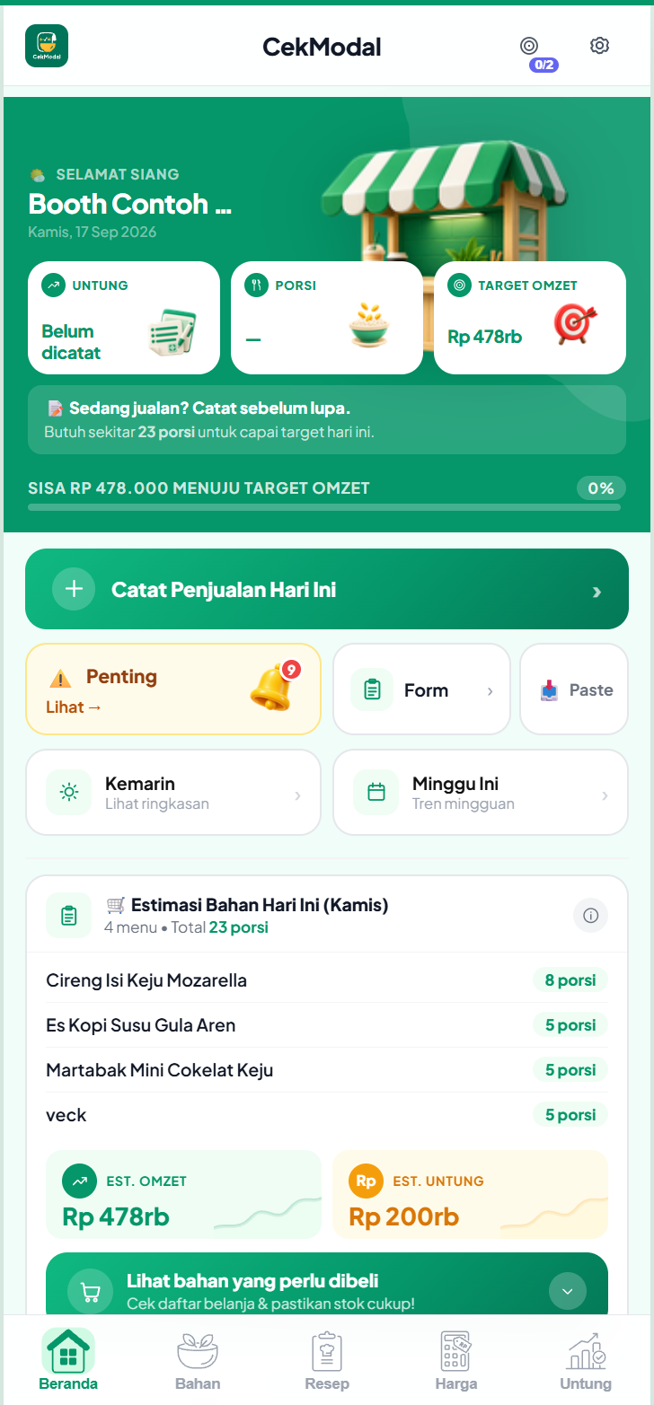 Tampilan aplikasi CekModal — hitung HPP dan pantau profit harian kuliner